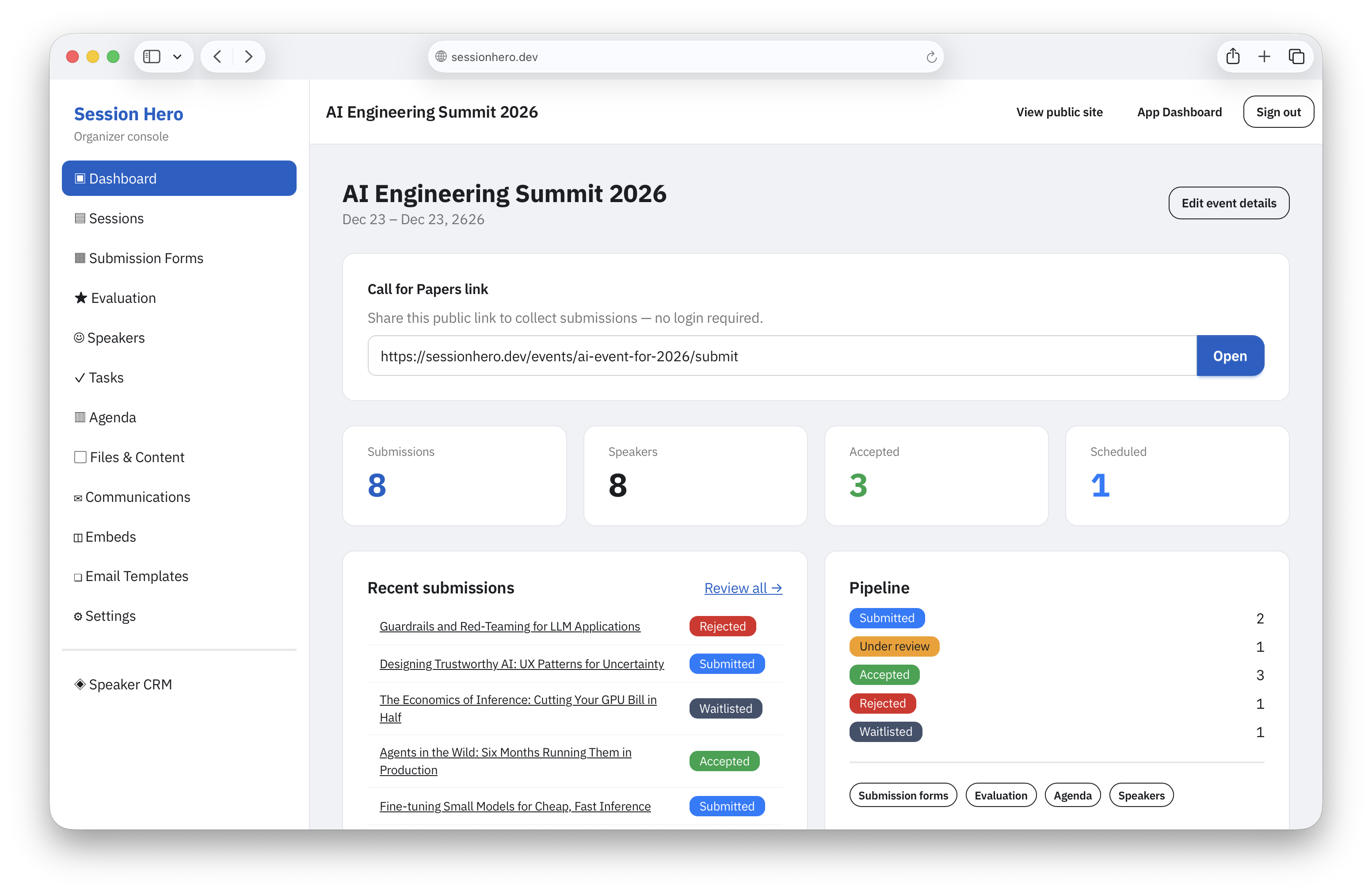 SessionHero organizer dashboard
